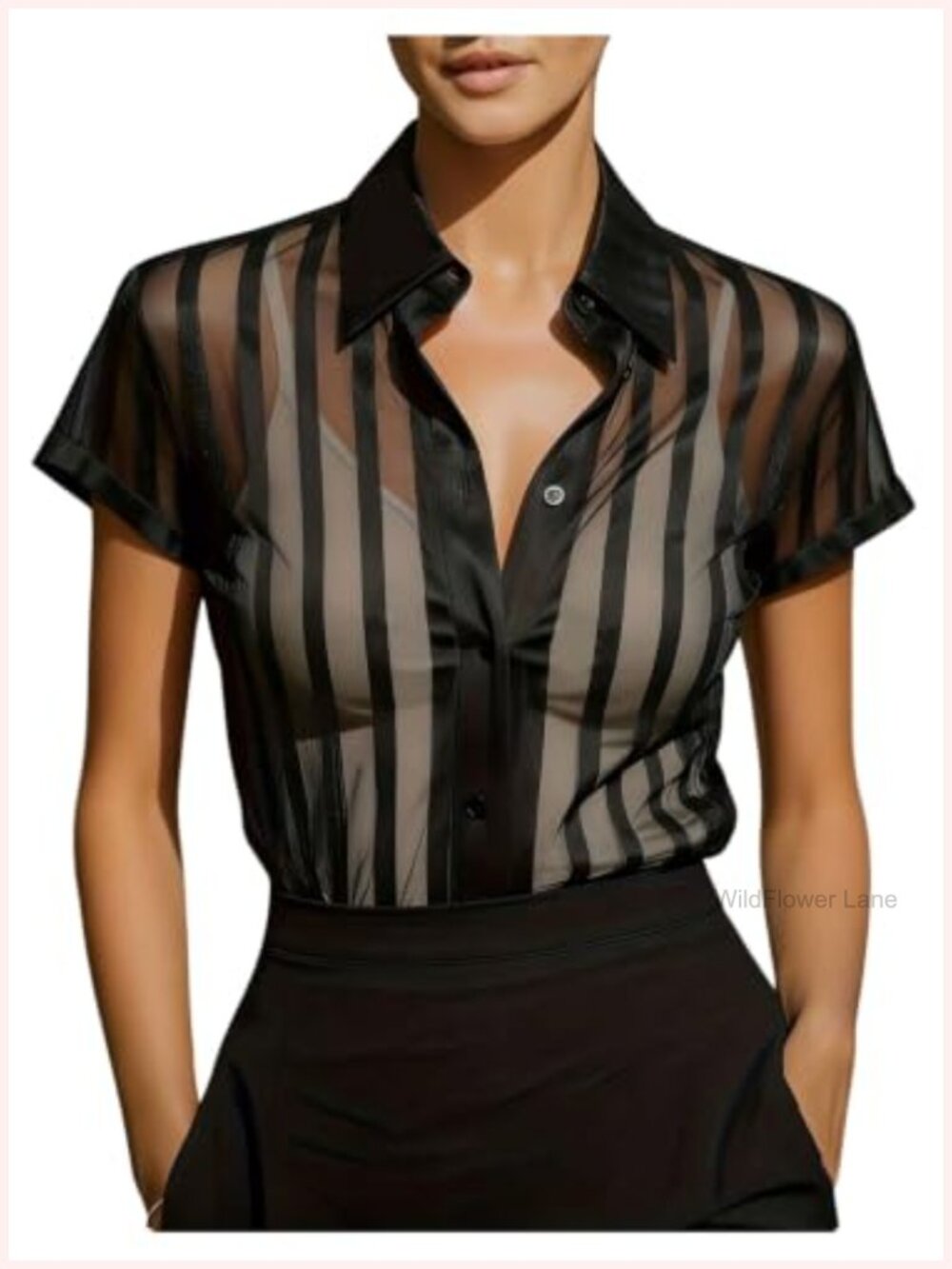 Sheer Mesh Stripe Button Down Shirt Point Collar Short Sleeve Sheer See Through